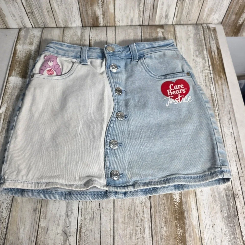 Justice Care Bears Denim Mini Skirt Light Wash Colorblock GirlButton Large 12/14
